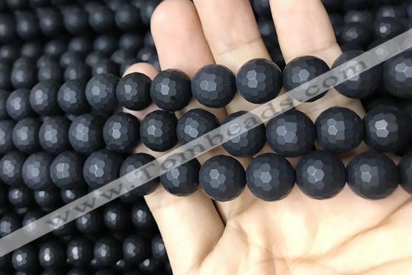 CAA2441 15.5 inches 12mm faceted round matte black agate beads