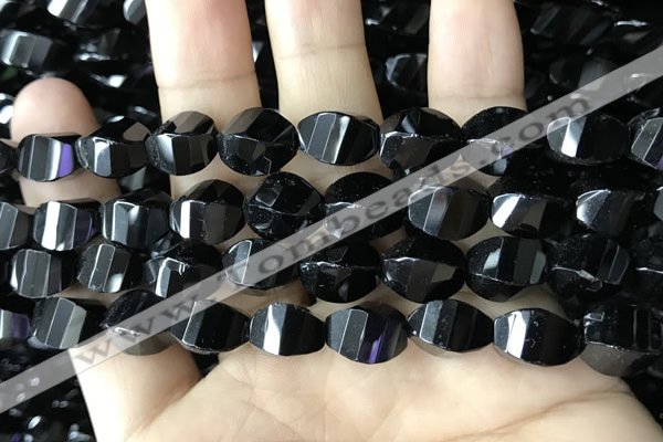 CAA2494 15.5 inches 10*14mm faceted & twisted rice black agate beads