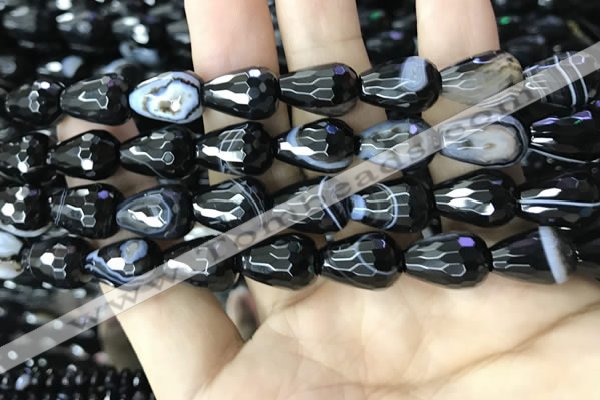 CAA2654 15.5 inches 13*18mm faceted teardrop banded black agate beads