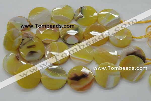 CAA328 15.5 inches 35mm faceted coin yellow line agate beads