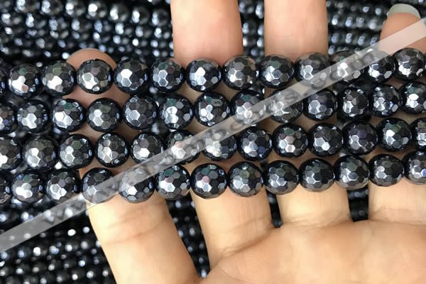 CAA3556 15.5 inches 8mm faceted round AB-color black agate beads