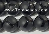 CAA3656 15.5 inches 8mm round matte & carved black agate beads