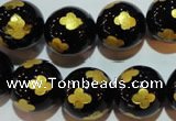 CAG3365 15.5 inches 14mm carved round black agate beads wholesale