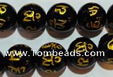 CAG3375 15.5 inches 14mm carved round black agate beads wholesale