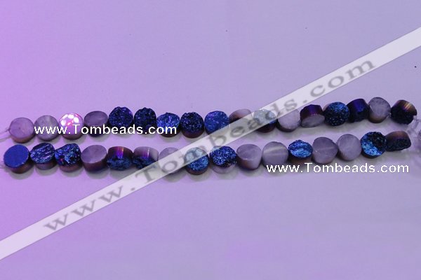 CAG8346 7.5 inches 12mm coin blue plated druzy agate beads