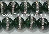 CAG8623 15.5 inches 14mm round green agate with rhinestone beads