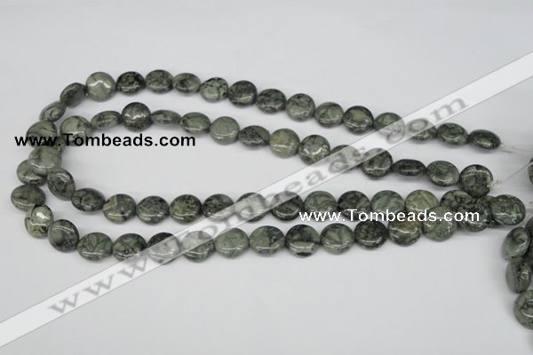 CBD221 15.5 inches 12mm flat round green brecciated jasper beads