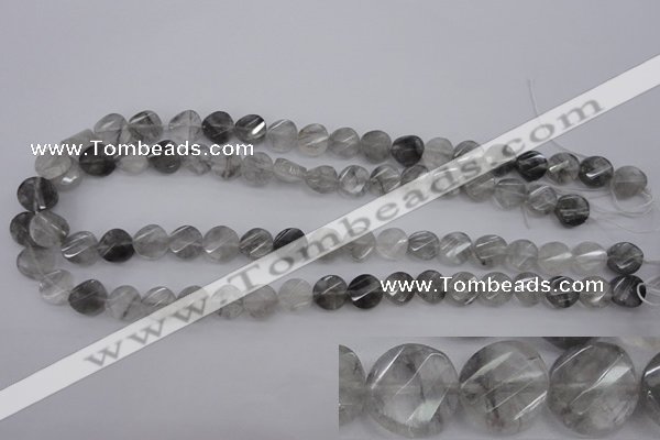 CCQ271 15.5 inches 10mm faceted & twisted coin cloudy quartz beads