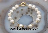 CFB1036 Hand-knotted 9mm - 10mm potato white freshwater pearl & grey banded agate bracelet