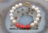 CFB1038 Hand-knotted 9mm - 10mm potato white freshwater pearl & red banded agate bracelet