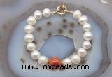 CFB1039 Hand-knotted 9mm - 10mm potato white freshwater pearl & red banded agate bracelet