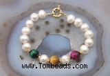 CFB1074 Hand-knotted 9mm - 10mm potato white freshwater pearl & colorful tiger eye bracelet