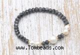 CFB753 faceted rondelle black labradorite & potato white freshwater pearl stretchy bracelet