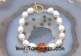 CFB921 Hand-knotted 9mm - 10mm rice white freshwater pearl & red banded agate bracelet