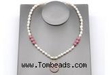 CFN163 baroque white freshwater pearl & pink wooden jasper necklace with pendant