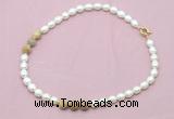 CFN327 9 - 10mm rice white freshwater pearl & yellow crazy lace agate necklace wholesale