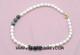 CFN339 9 - 10mm rice white freshwater pearl & snowflake obsidian necklace wholesale