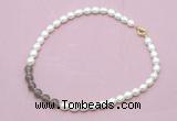 CFN443 9 - 10mm rice white freshwater pearl & grey agate gemstone necklace