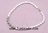 CFN457 9 - 10mm rice white freshwater pearl & serpentine jasper necklace