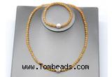 CFN622 4mm faceted round yellow jade & potato white freshwater pearl jewelry set