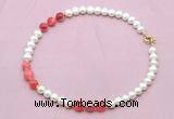 CFN730 9mm - 10mm potato white freshwater pearl & red banded agate necklace