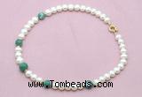 CFN732 9mm - 10mm potato white freshwater pearl & green banded agate necklace