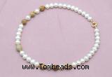 CFN759 9mm - 10mm potato white freshwater pearl & picture jasper necklace
