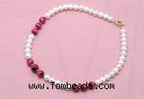 CFN767 9mm - 10mm potato white freshwater pearl & red tiger eye necklace