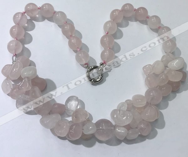 CGN370 19.5 inches round & chips rose quartz beaded necklaces