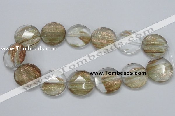CGQ16 15.5 inches 30mm faceted flat round gold sand quartz beads