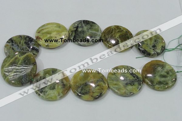 COP560 15.5 inches 40mm flat round natural yellow & green opal beads