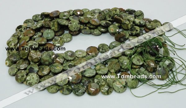 CPS85 15.5 inches 14mm faceted flat round green peacock stone beads
