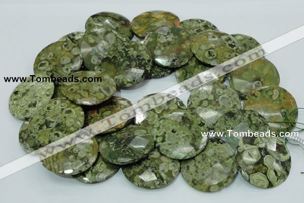 CPS93 15.5 inches 30mm faceted flat round green peacock stone beads
