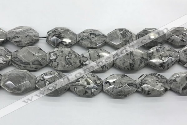 CPT580 18*25mm - 20*28mm faceted octagonal grey picture jasper beads