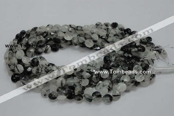 CRU02 15.5 inches 10mm faceted flat round black rutilated quartz beads