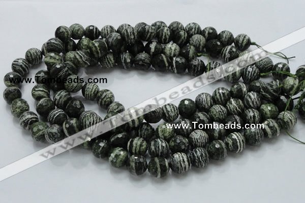 CSJ67 15.5 inches 14mm faceted round green silver line jasper beads
