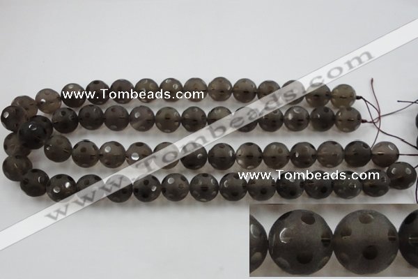 CSQ254 15.5 inches 14mm carved round matte smoky quartz beads