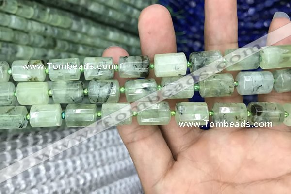 CTB609 15.5 inches 10*14mm faceted tube green rutilated quartz beads