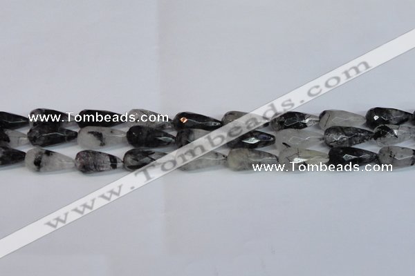 CTR302 15.5 inches 12*25mm faceted teardrop black rutilated quartz beads