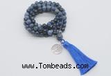GMN1798 Knotted 8mm, 10mm dumortierite 108 beads mala necklace with tassel & charm