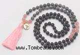 GMN6217 Knotted matte black agate, black labradorite & rose quartz 108 beads mala necklace with tassel & charm