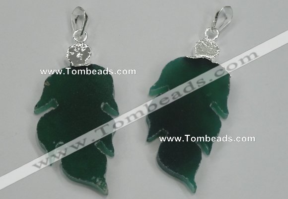 NGP1287 25*55mm leaf green agate pendants with brass setting