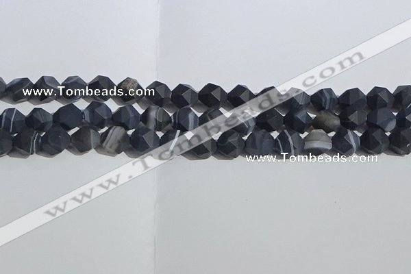 CAA1244 15.5 inches 10mm faceted nuggets matte black line agate beads