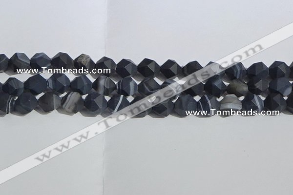 CAA1245 15.5 inches 12mm faceted nuggets matte black line agate beads