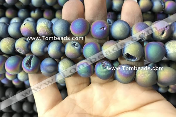 CAA1359 15.5 inches 14mm round matte plated druzy agate beads