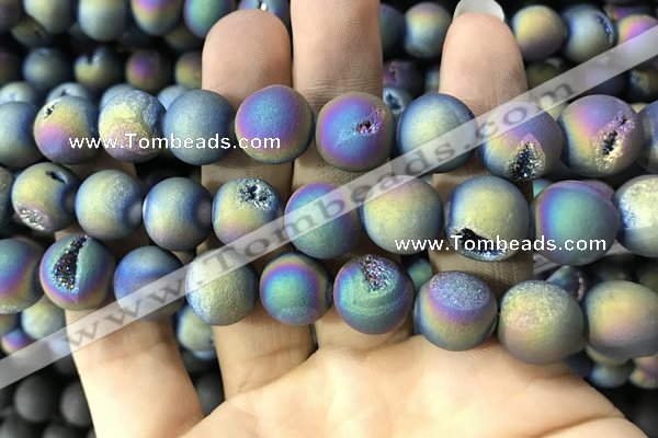 CAA1379 15.5 inches 16mm round matte plated druzy agate beads