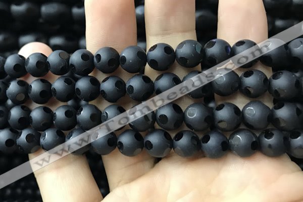 CAA2460 15.5 inches 10mm carved round matte black agate beads