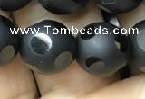 CAA2461 15.5 inches 12mm carved round matte black agate beads