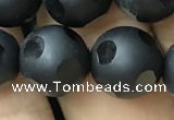 CAA2462 15.5 inches 14mm carved round matte black agate beads