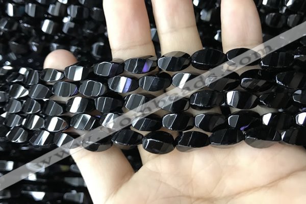 CAA2490 15.5 inches 6*12mm faceted & twisted rice black agate beads